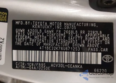 2006 Toyota Camry Le z USA, uszkodzony, nr VIN 4T1BE32K76U671253